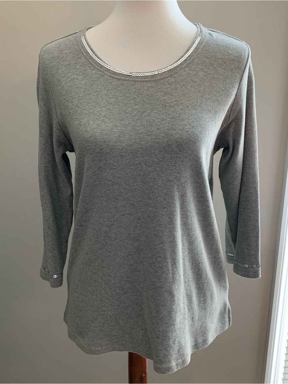 Quacker Factory Heather Gray 3/4 Sleeve Scoop Neck Top with Sequin Trim
